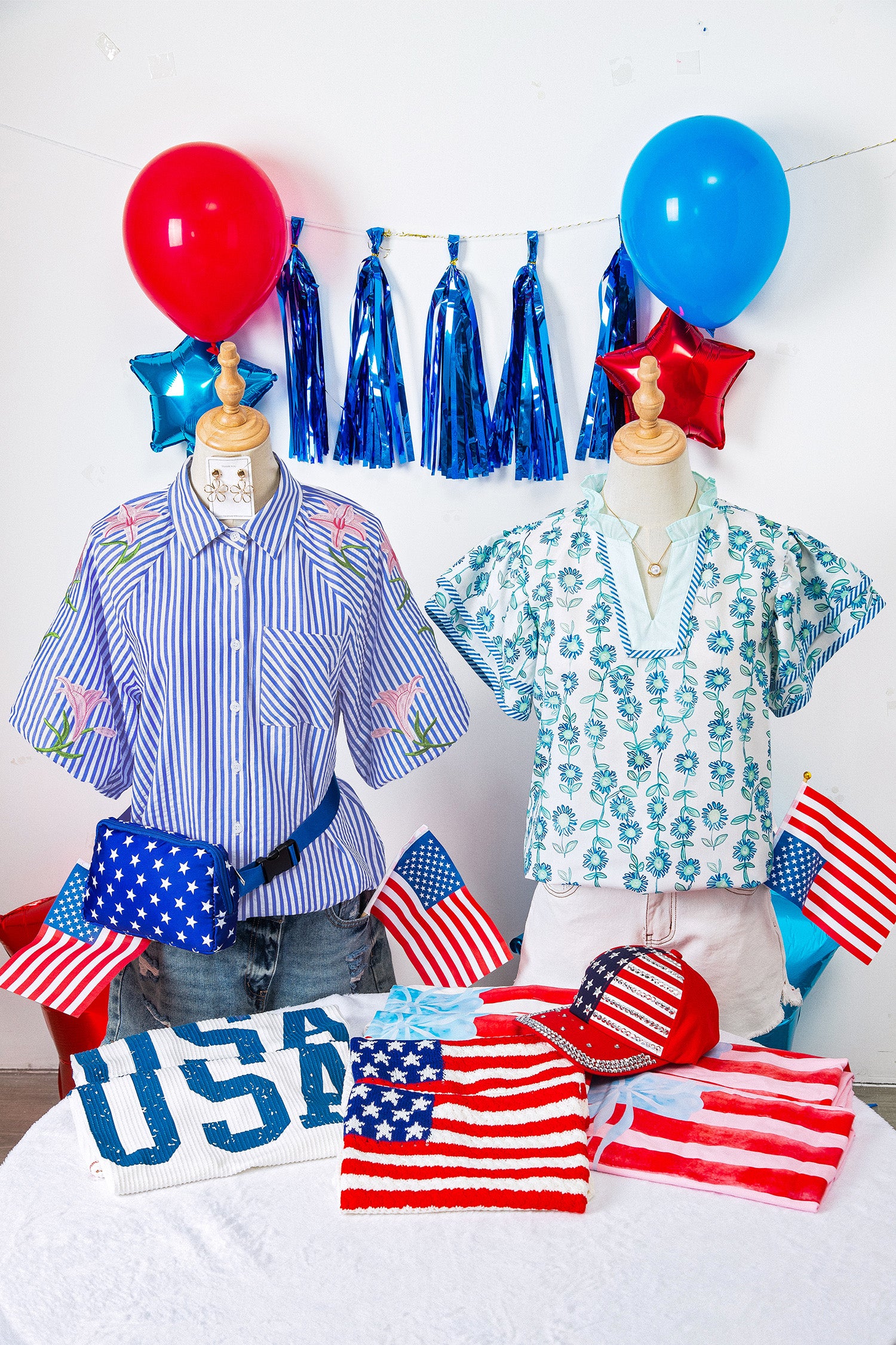 Sky Blue Stripe Lily Floral Embroidered Puff Sleeve Button Down Shirt-Tops/Blouses & Shirts-[Adult]-[Female]-2022 Online Blue Zone Planet