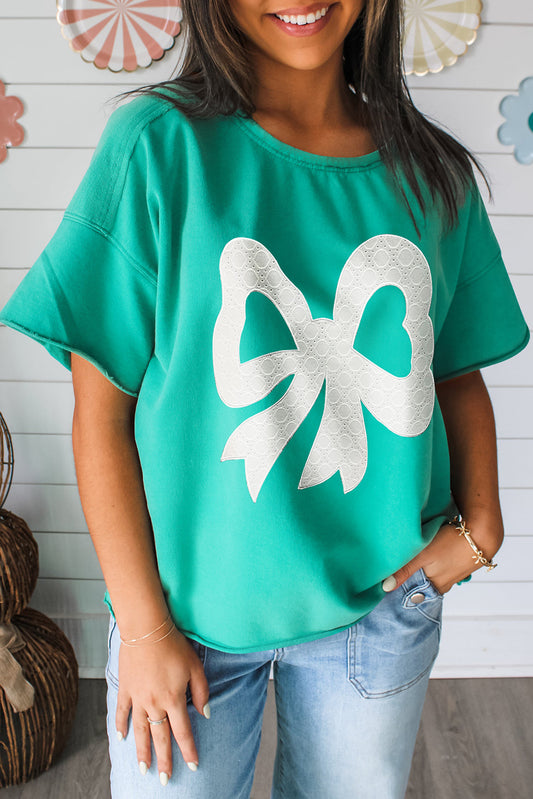Sea Green Lace Bow Raw Edge Drop Shoulder Casual T Shirt-Tops/Tops & Tees-[Adult]-[Female]-Sea Green-S-2022 Online Blue Zone Planet