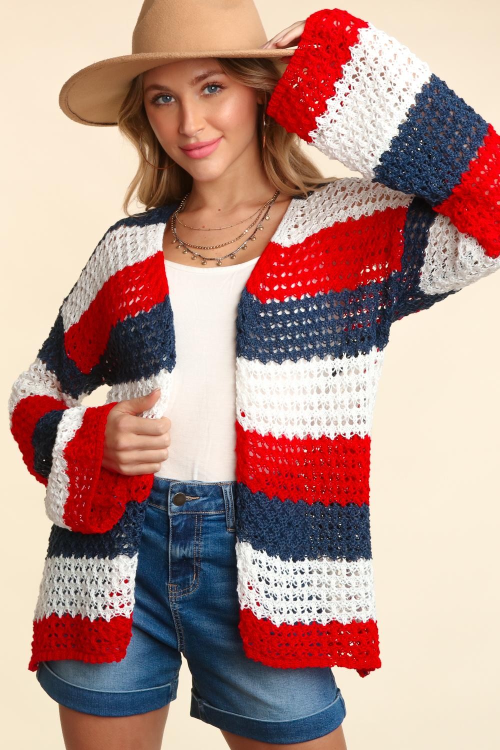 Haptics Full Size Open Front Long Sleeve Stripe Cardigan-TOPS / DRESSES-[Adult]-[Female]-Navy/White/Red-S-2022 Online Blue Zone Planet