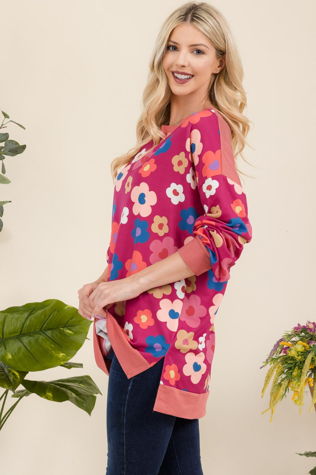 Blue Zone Planet | Celeste Full Size Side Slit Flower Print Long Sleeve Top-TOPS / DRESSES-[Adult]-[Female]-2022 Online Blue Zone Planet