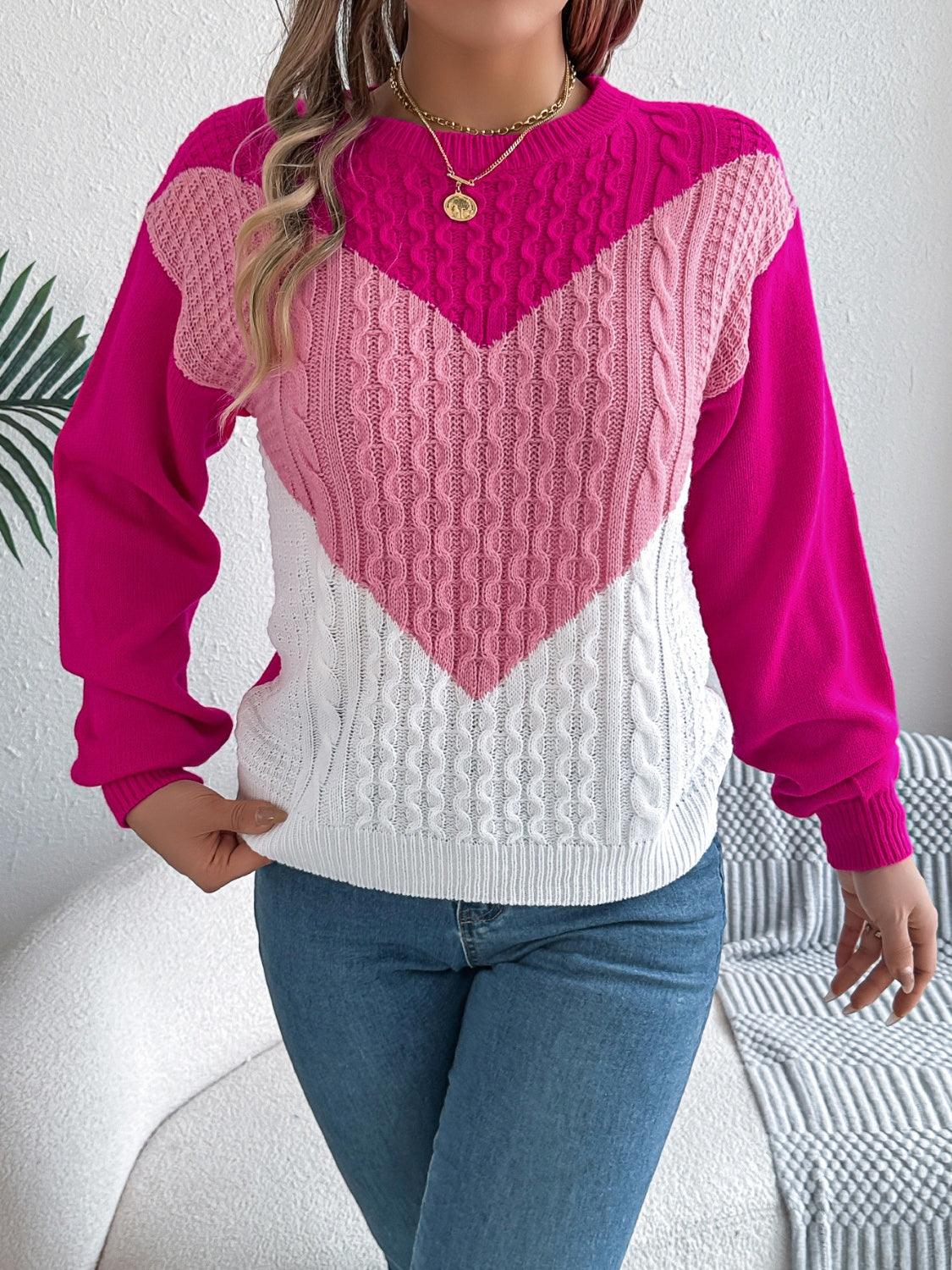 Contrast Round Neck Long Sleeve Sweater-TOPS / DRESSES-[Adult]-[Female]-Hot Pink-S-2022 Online Blue Zone Planet