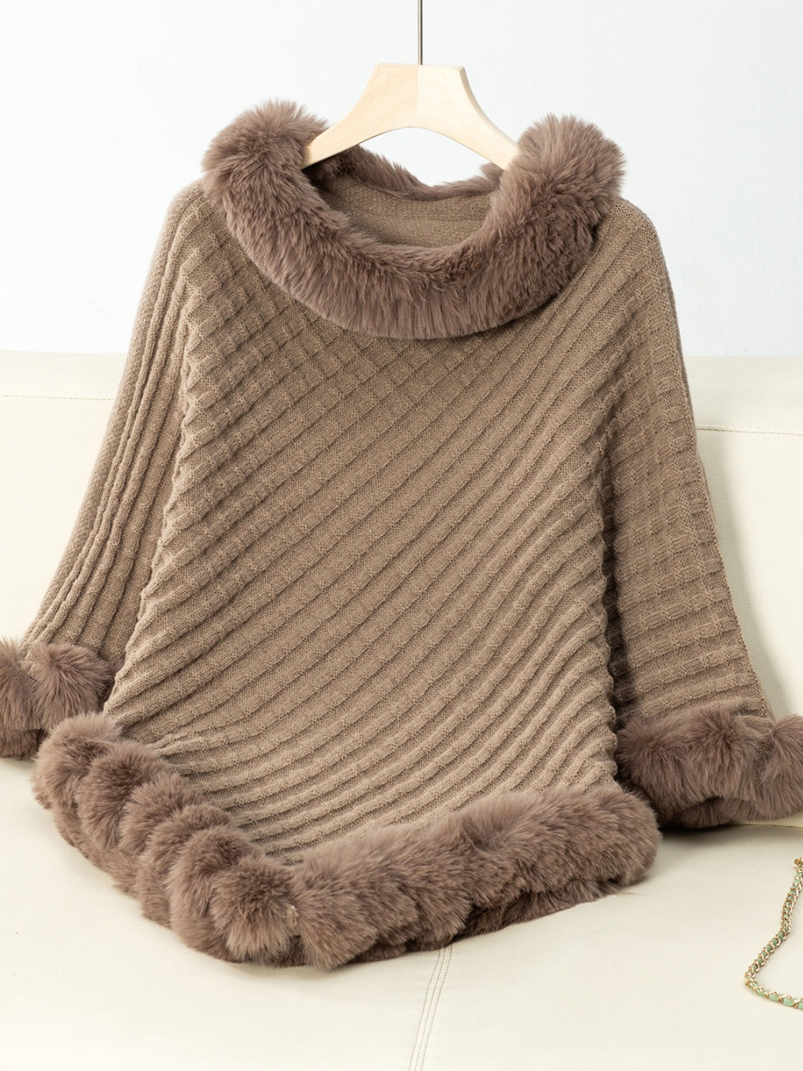 Fuzzy Trim Texture Three-Quarter Sleeve Poncho-TOPS / DRESSES-[Adult]-[Female]-Camel-One Size-2022 Online Blue Zone Planet