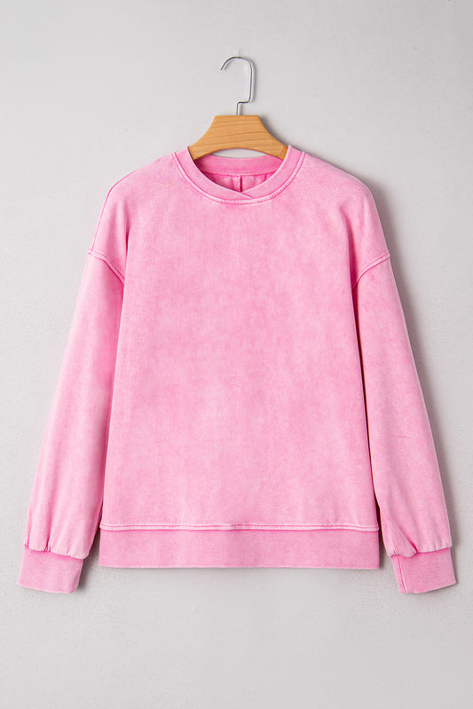 Bright Pink Mineral Wash Crossed Crew Neck Drop Shoulder Loose Sweatshirt-Tops/Sweatshirts & Hoodies-[Adult]-[Female]-2022 Online Blue Zone Planet