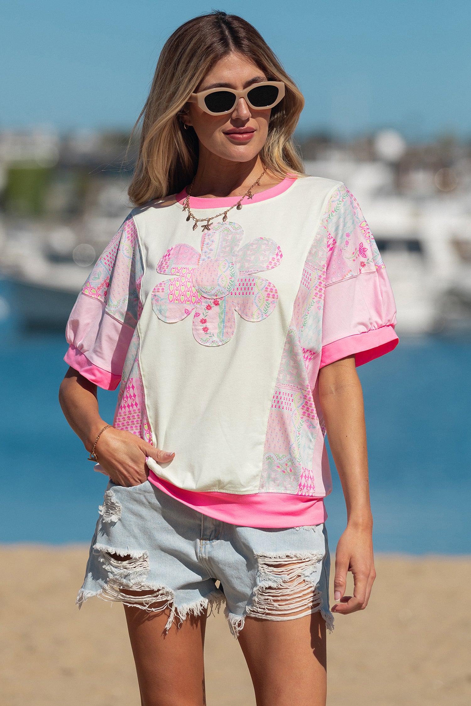 Beige Color Block Floral Patchwork Big Flower Accent Relaxed Top-Tops/Tops & Tees-[Adult]-[Female]-2022 Online Blue Zone Planet
