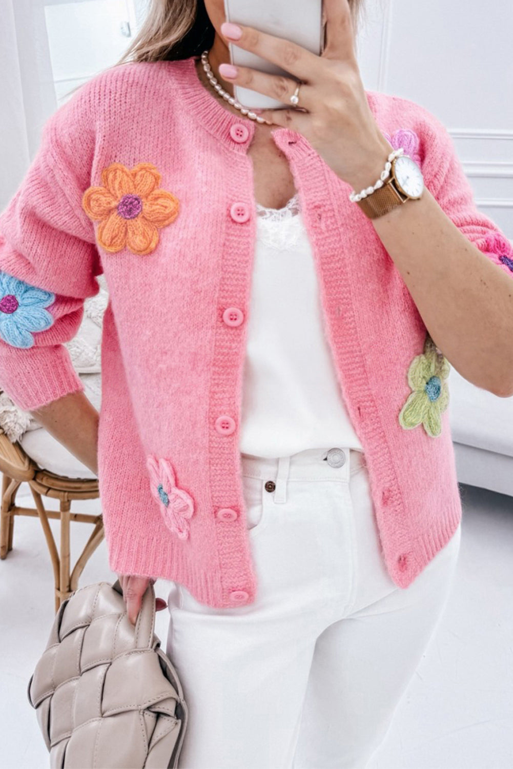 Pink Cute Knitted Floral Pattern Button Up Cardigan-Sweaters & Cardigans/Cardigans-[Adult]-[Female]-Pink-S-2022 Online Blue Zone Planet