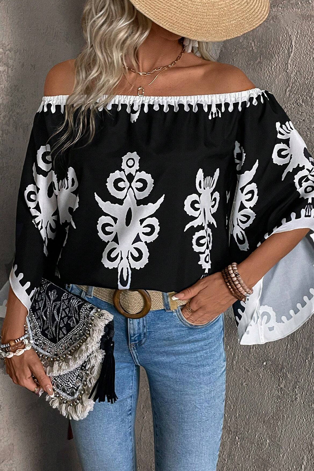 Black Abstract Print Off Shoulder Flounce Sleeve Blouse-Blouses-[Adult]-[Female]-2022 Online Blue Zone Planet