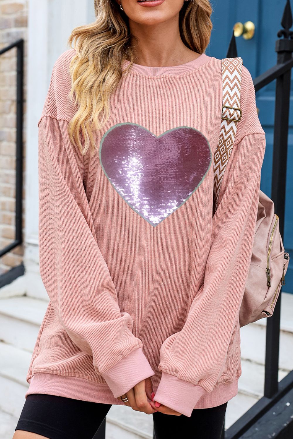 Valentine’s Day Sequin Heart Round Neck Long Sleeve Sweatshirt-TOPS / DRESSES-[Adult]-[Female]-2022 Online Blue Zone Planet