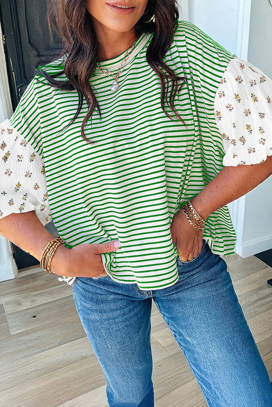 Green Stripe Floral Puff Sleeve Patchwork Round Neck Loose Top-Tops/Blouses & Shirts-[Adult]-[Female]-Green Stripe-S-2022 Online Blue Zone Planet