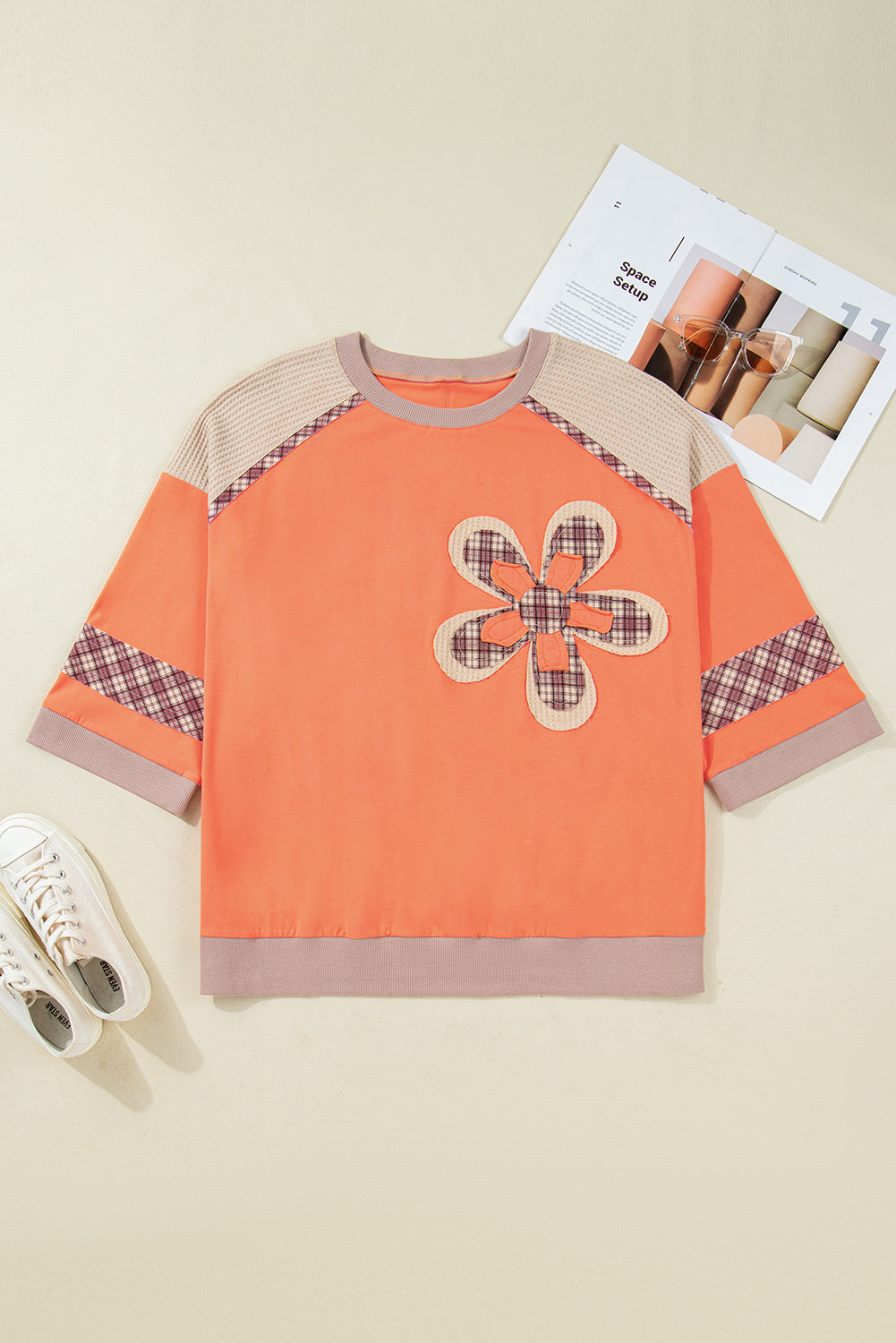 Grapefruit Orange Plaid Flower Waffle Patched Plus Size 3/4 Sleeve Top-Plus Size/Plus Size Tops/Plus Size Long Sleeve Tops-[Adult]-[Female]-2022 Online Blue Zone Planet