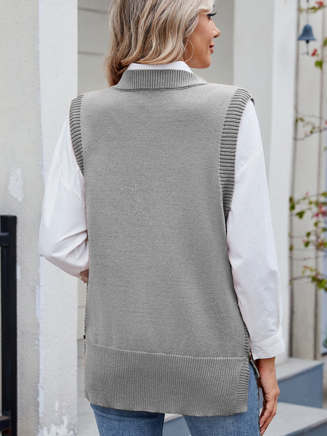 Buttoned Round Neck Sweater Vest-TOPS / DRESSES-[Adult]-[Female]-2022 Online Blue Zone Planet