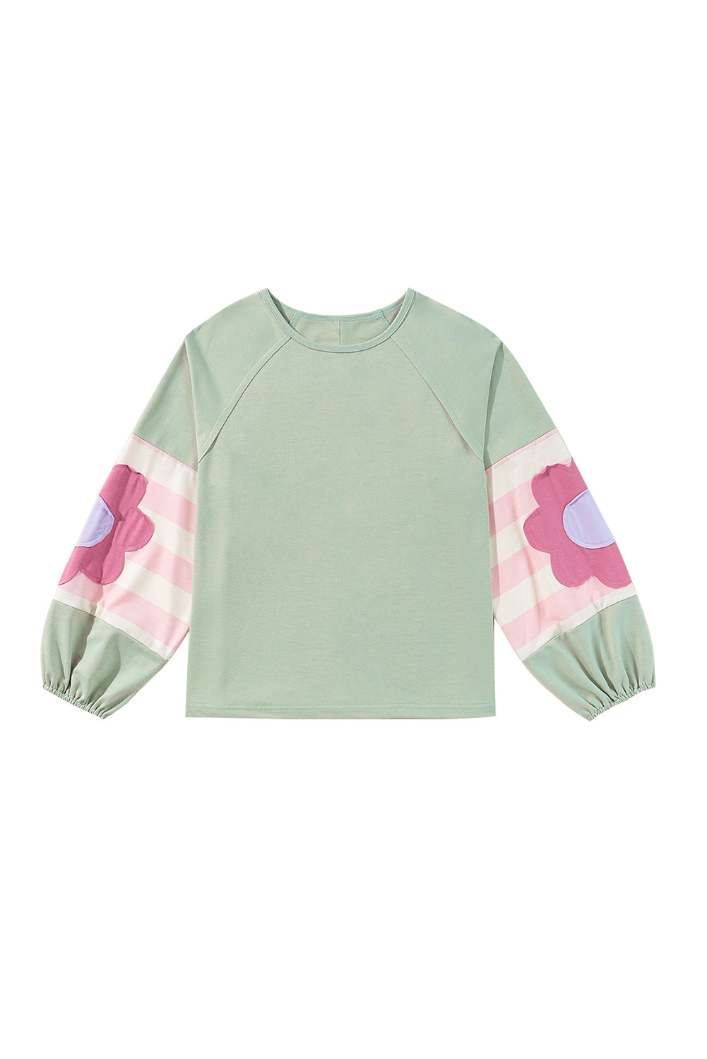 Blue Zone Planet | Smoke Green Flower Patchwork Exposed Seam Raglan Sleeve Top-Long Sleeve Tops-[Adult]-[Female]-2022 Online Blue Zone Planet