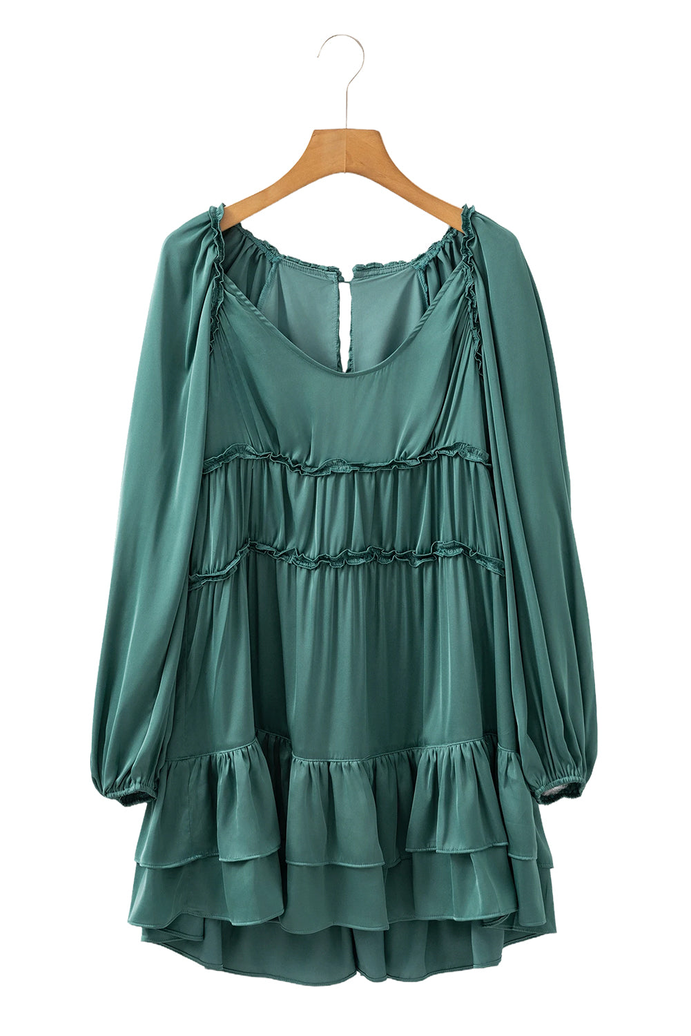 Mist Green Puff Sleeve Loose Fit Tiered Ruffle Mini Dress-Short Dresses-[Adult]-[Female]-2022 Online Blue Zone Planet