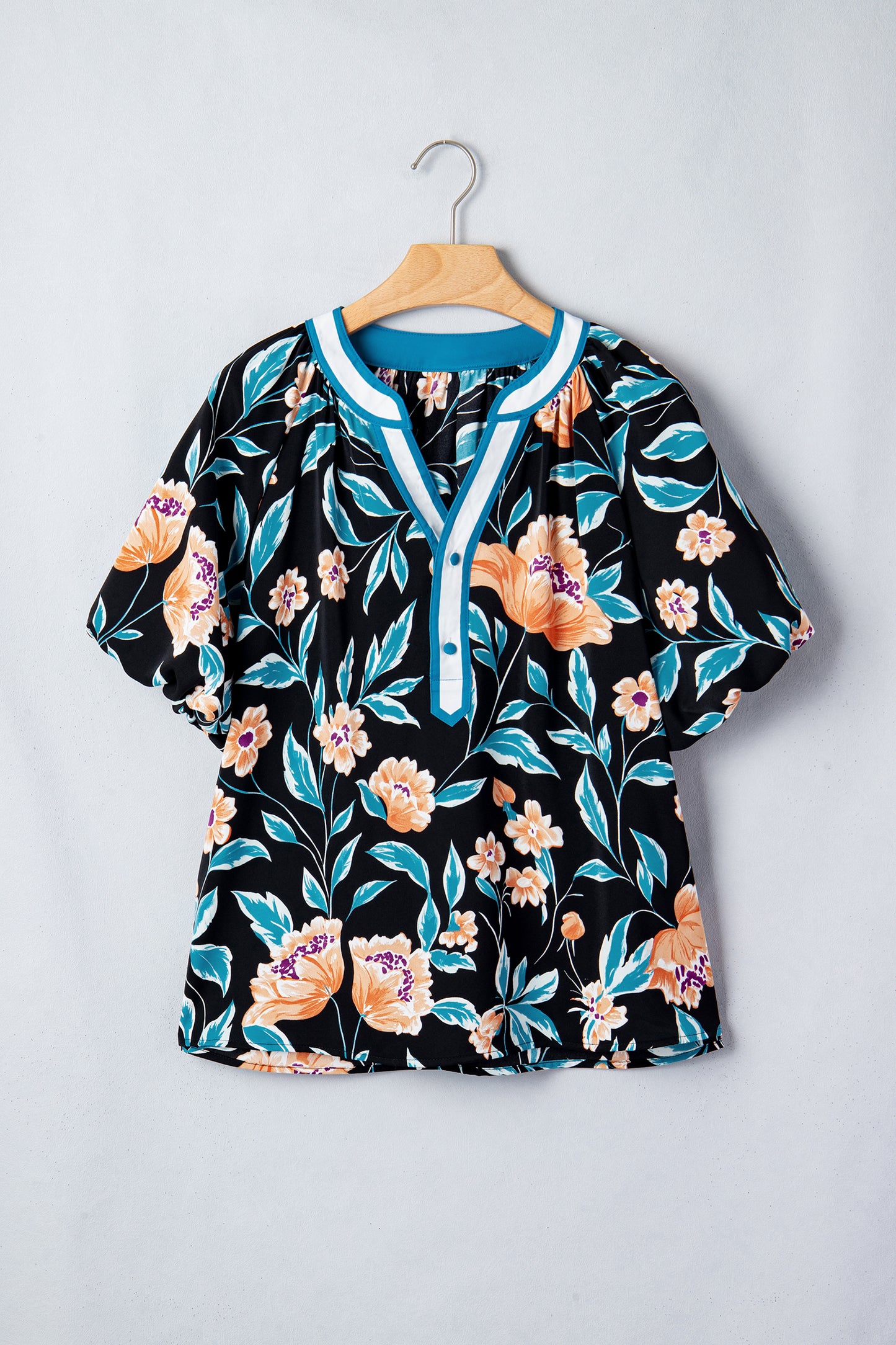 Black Floral Short Bubble Sleeve Buttoned Notched Neck Blouse-Tops/Blouses & Shirts-[Adult]-[Female]-2022 Online Blue Zone Planet