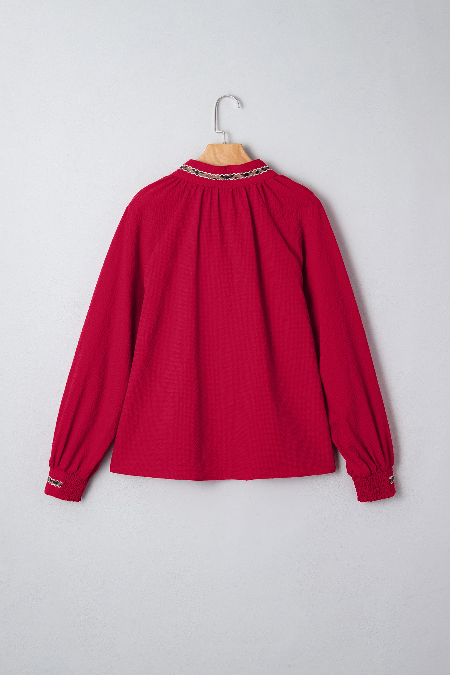 Racing Red Leopard Jacquard Print V Neck Textured Blouse-Tops/Blouses & Shirts-[Adult]-[Female]-2022 Online Blue Zone Planet