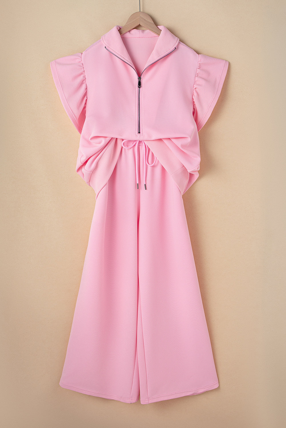 Pink Textured Ruffled Sleeve Zipped Top and Wide Leg Pants Set-Two Piece Sets/Pant Sets-[Adult]-[Female]-2022 Online Blue Zone Planet