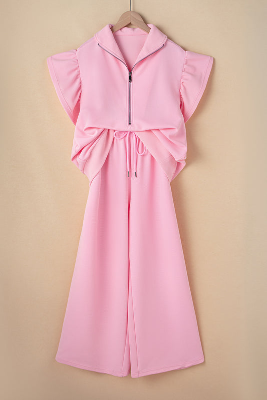 Pink Textured Ruffled Sleeve Zipped Top and Wide Leg Pants Set-Two Piece Sets/Pant Sets-[Adult]-[Female]-2022 Online Blue Zone Planet
