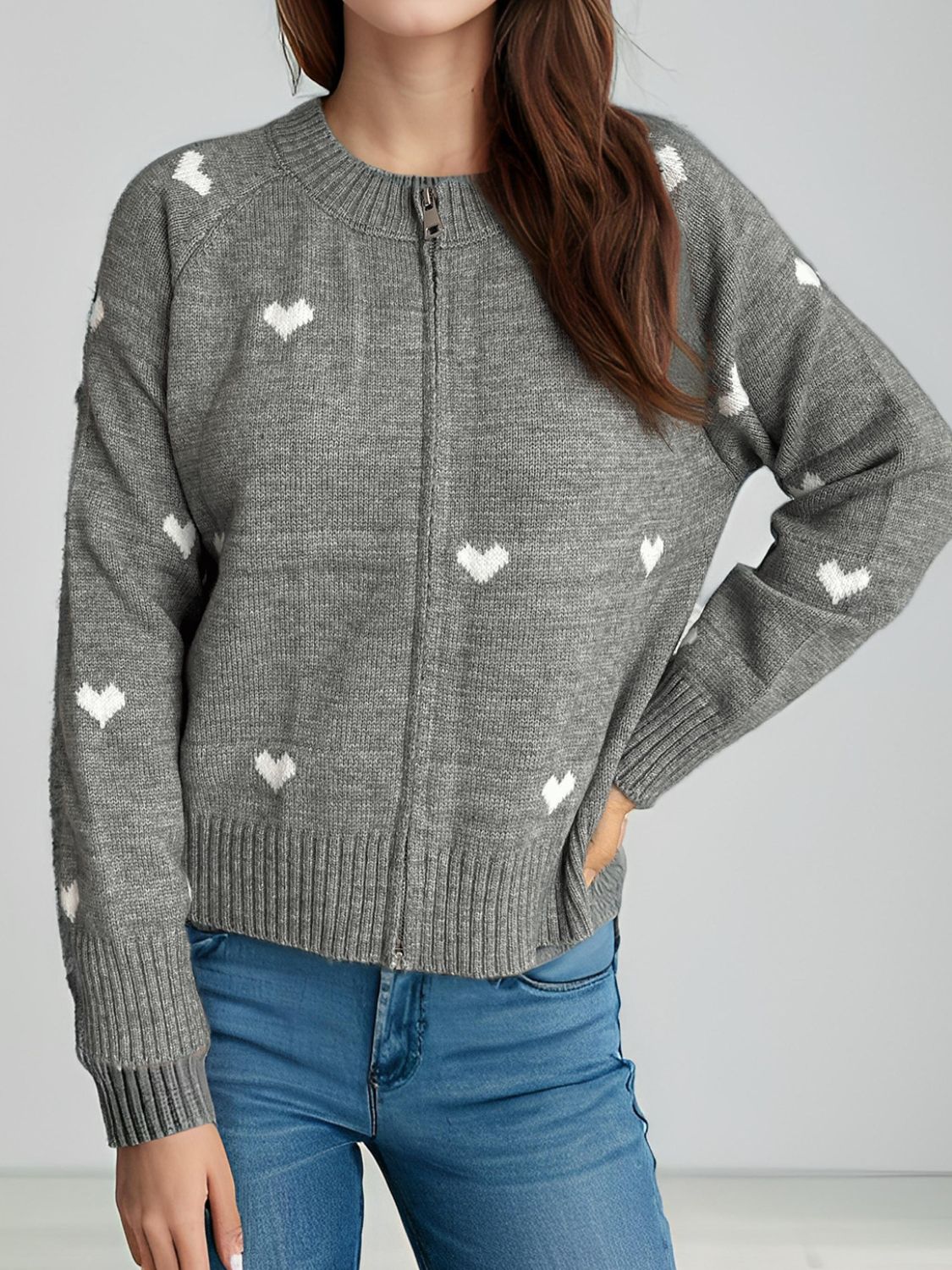 Heart Round Neck Zip Up Cardigan-NEW ARRIVALS-[Adult]-[Female]-2022 Online Blue Zone Planet