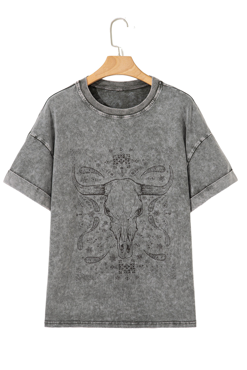Light Grey Western Steer Head Tie Dye Print Crew Neck T Shirt-Graphic/Graphic Tees-[Adult]-[Female]-2022 Online Blue Zone Planet
