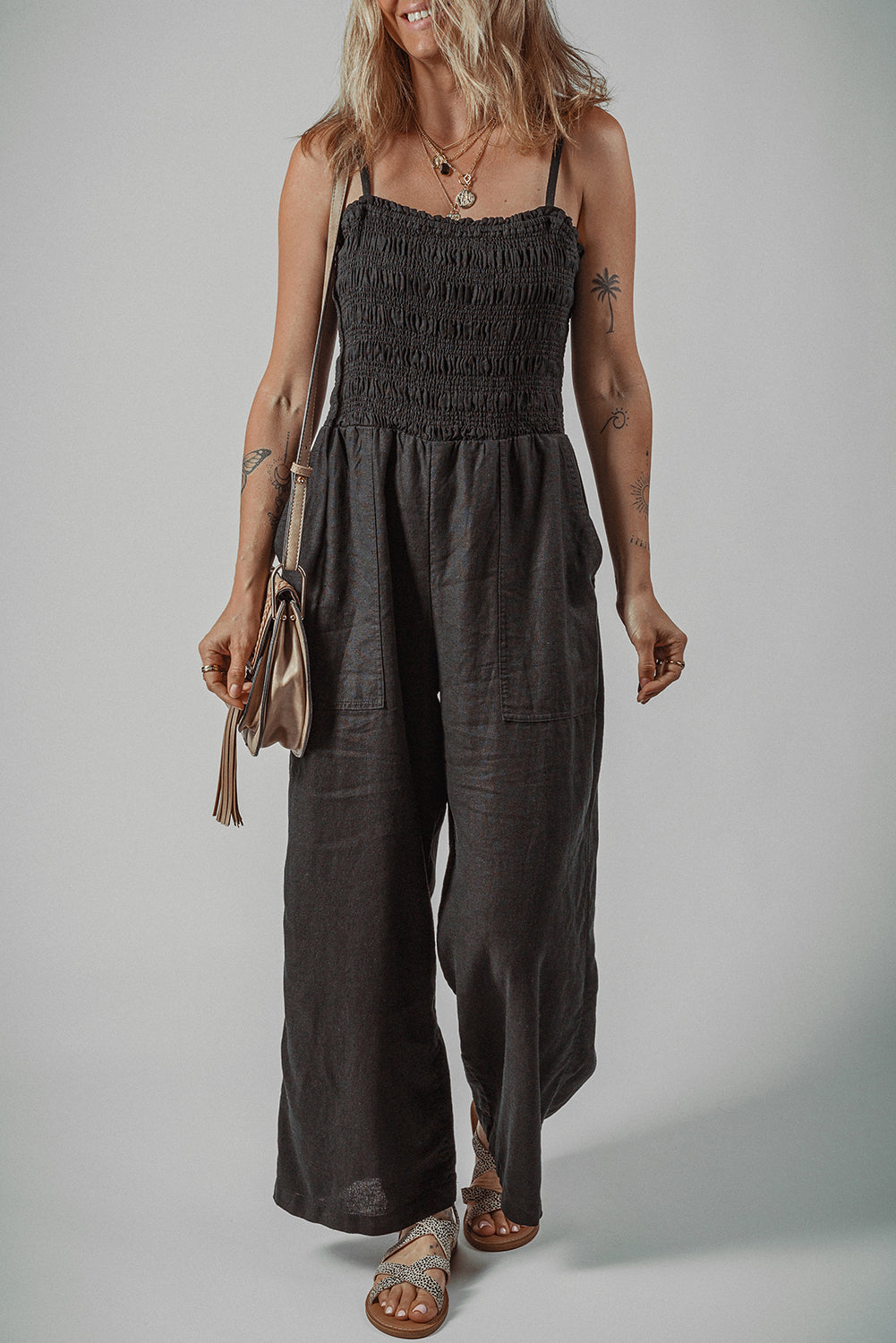 Black Spaghetti Straps Shirred Bodice Pocketed Wide Leg Jumpsuit-Bottoms/Jumpsuits & Rompers-[Adult]-[Female]-2022 Online Blue Zone Planet