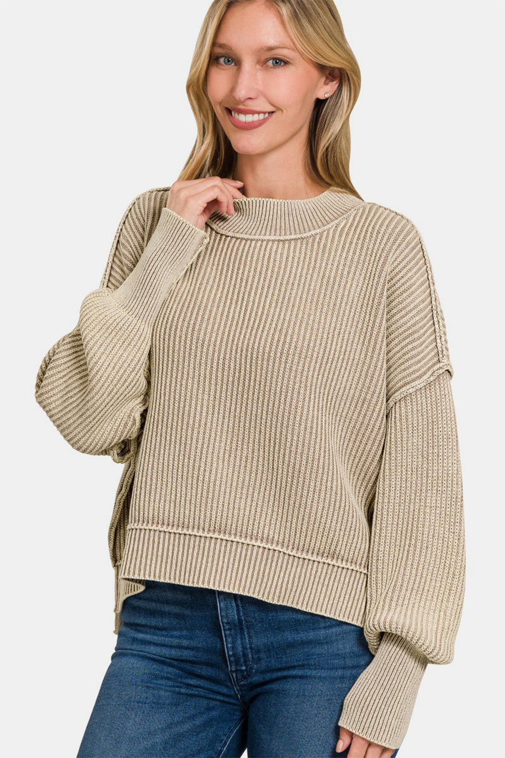 Zenana Exposed Seam Round Neck Dropped Shoulder Sweater-TOPS / DRESSES-[Adult]-[Female]-Lt Mocha-S/M-2022 Online Blue Zone Planet