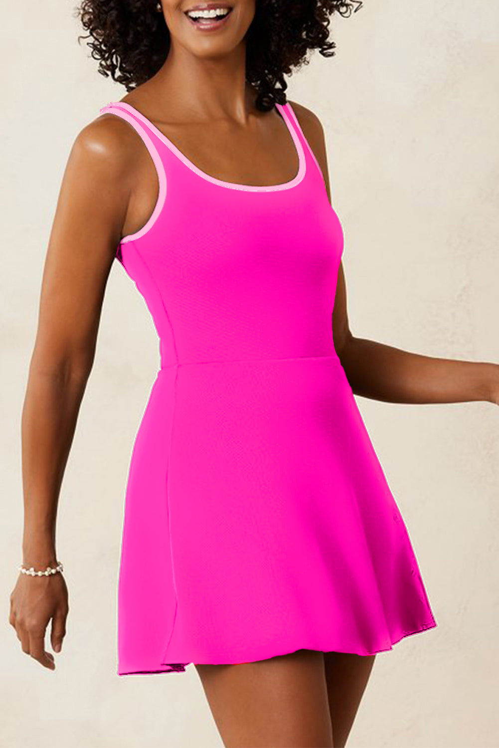 Rose Red Contrast Trim Neckline Active Shorts Attached One Piece Swim Dress-Swimwear/Swim Dresses-[Adult]-[Female]-Rose Red-S-2022 Online Blue Zone Planet