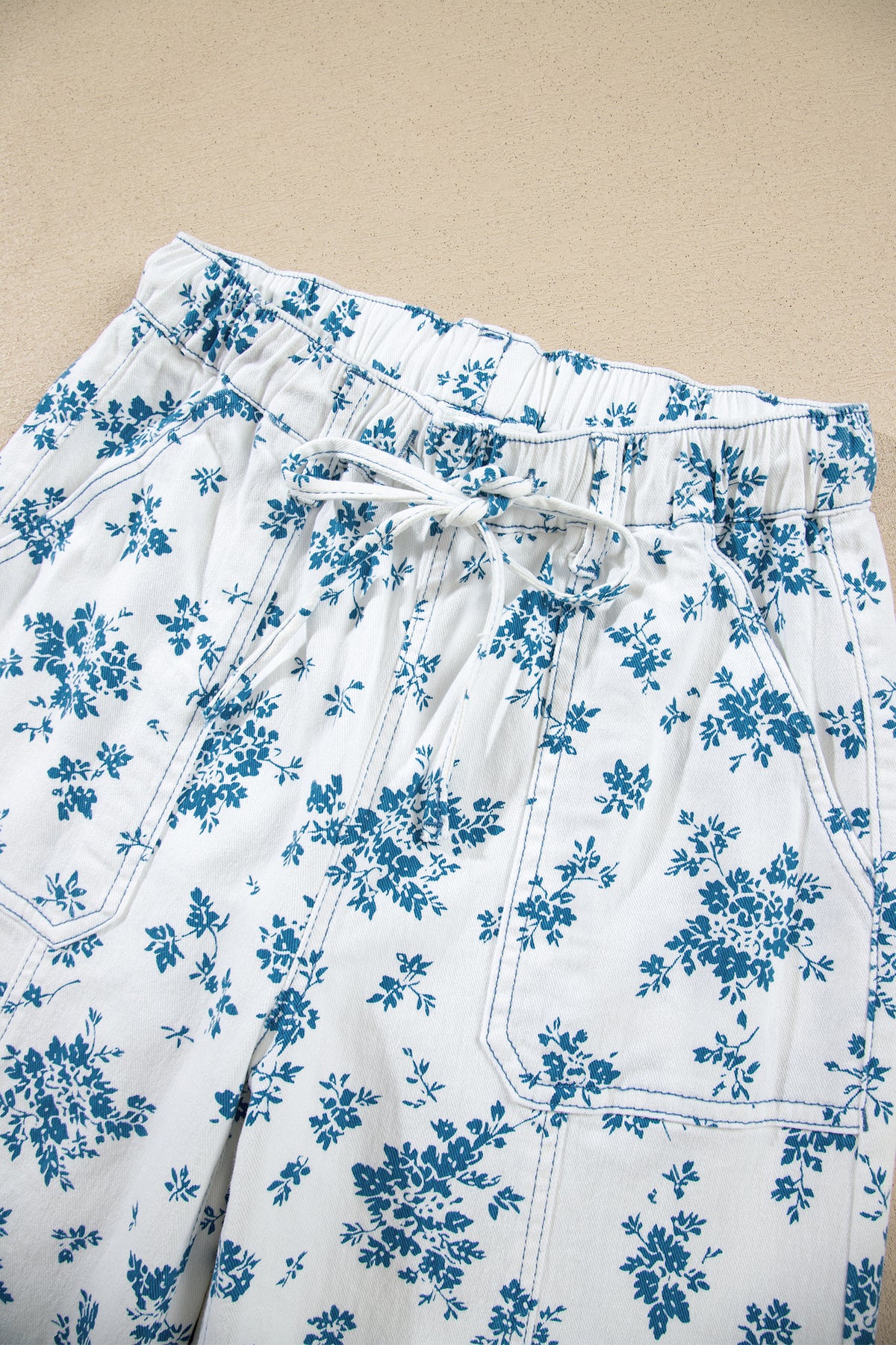 Sky Blue Floral Print Tie Waist Straight Leg Jeans-Bottoms/Jeans-[Adult]-[Female]-2022 Online Blue Zone Planet