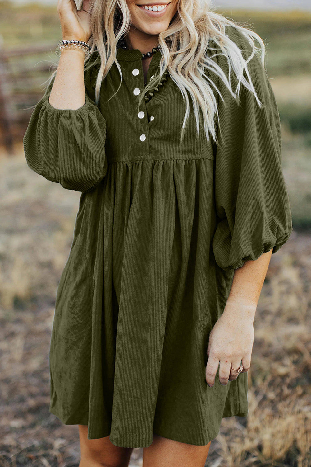 Blue Zone Planet | Vineyard Green Corduroy Snap Buttons Empire Waist Bracelet Sleeve Mini Dress-TOPS / DRESSES-[Adult]-[Female]-2022 Online Blue Zone Planet