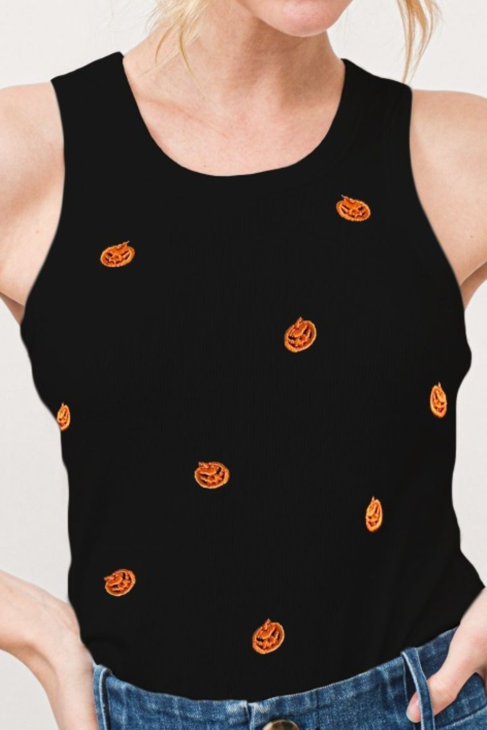 Blue Zone Planet | And The Why Jack O' Lantern Embroidered Ribbed Tank-TOPS / DRESSES-[Adult]-[Female]-2022 Online Blue Zone Planet