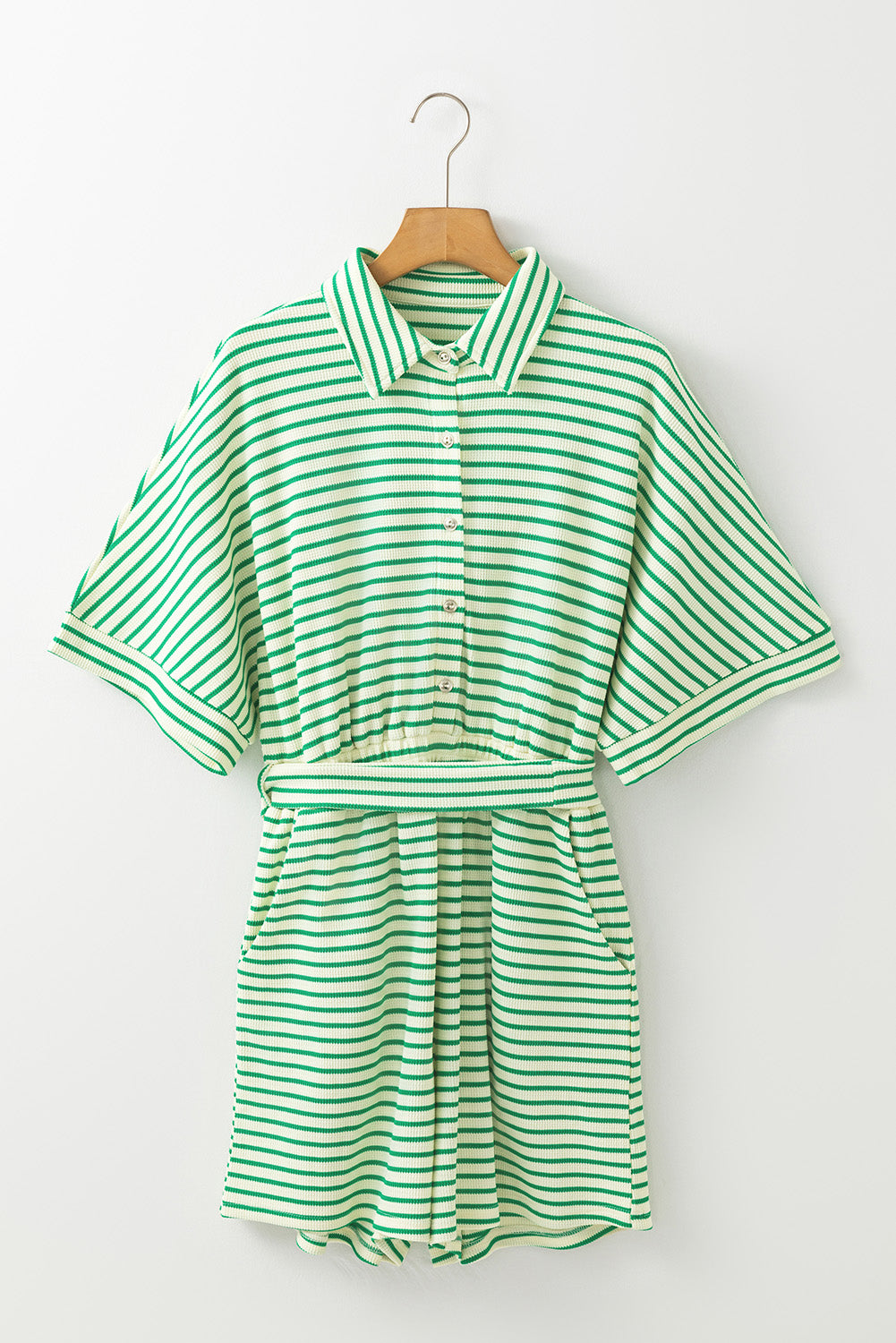 Green Stripe Textured Short Sleeve Collared Buttoned Waist Tie Romper-Rompers-[Adult]-[Female]-2022 Online Blue Zone Planet