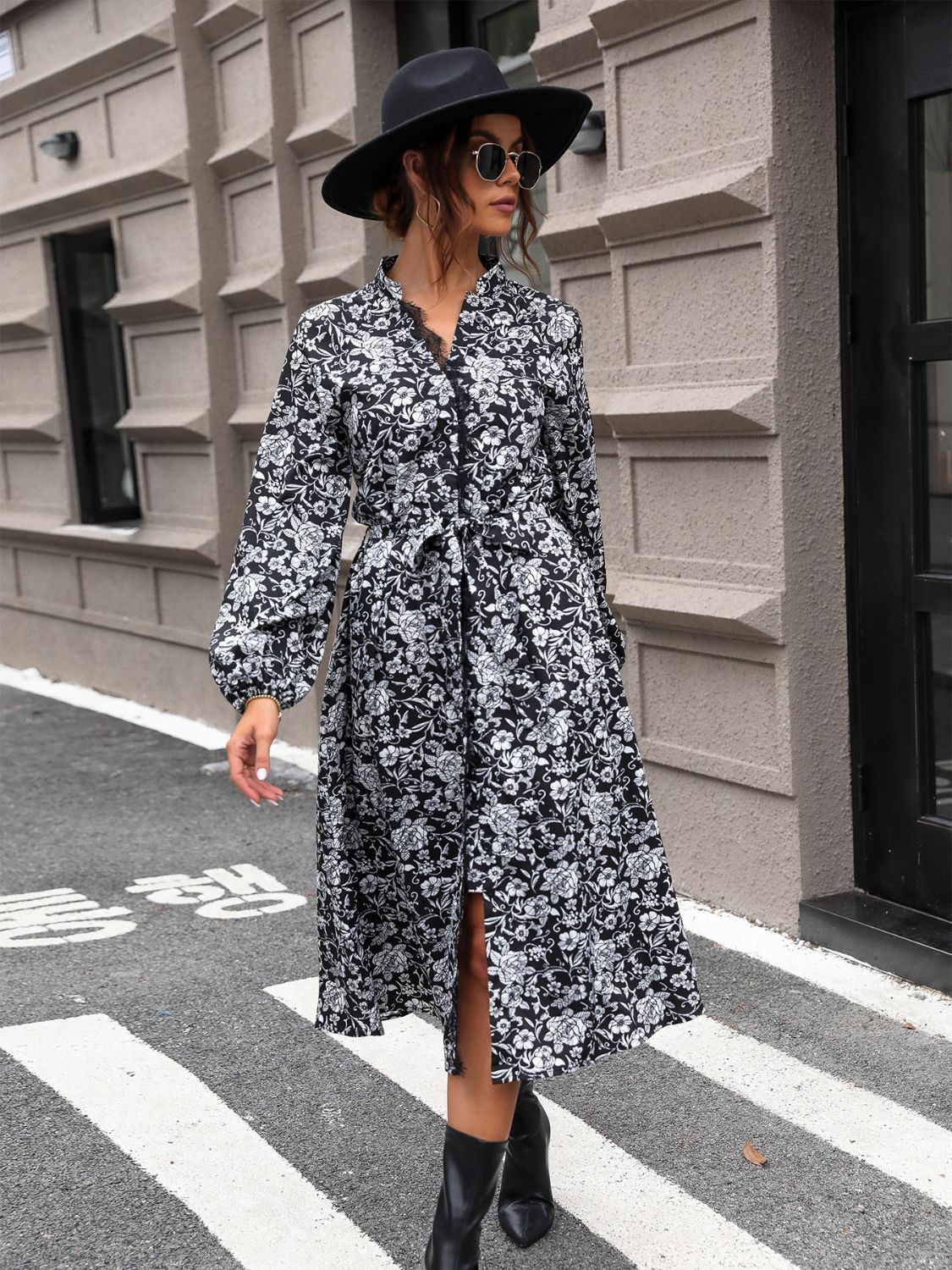 Lace Detail Printed Long Sleeve Midi Dress-TOPS / DRESSES-[Adult]-[Female]-2022 Online Blue Zone Planet