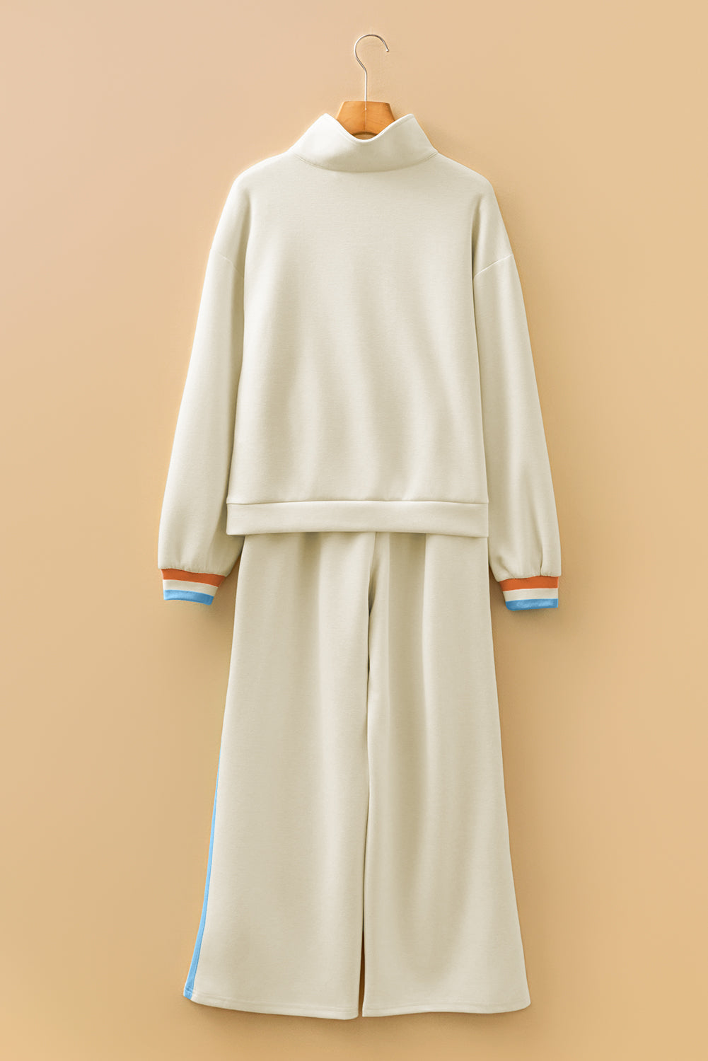 Apricot Striped Patchwork Quarter Zip Pullover Loose Pant Set-Two Piece Sets/Pant Sets-[Adult]-[Female]-2022 Online Blue Zone Planet