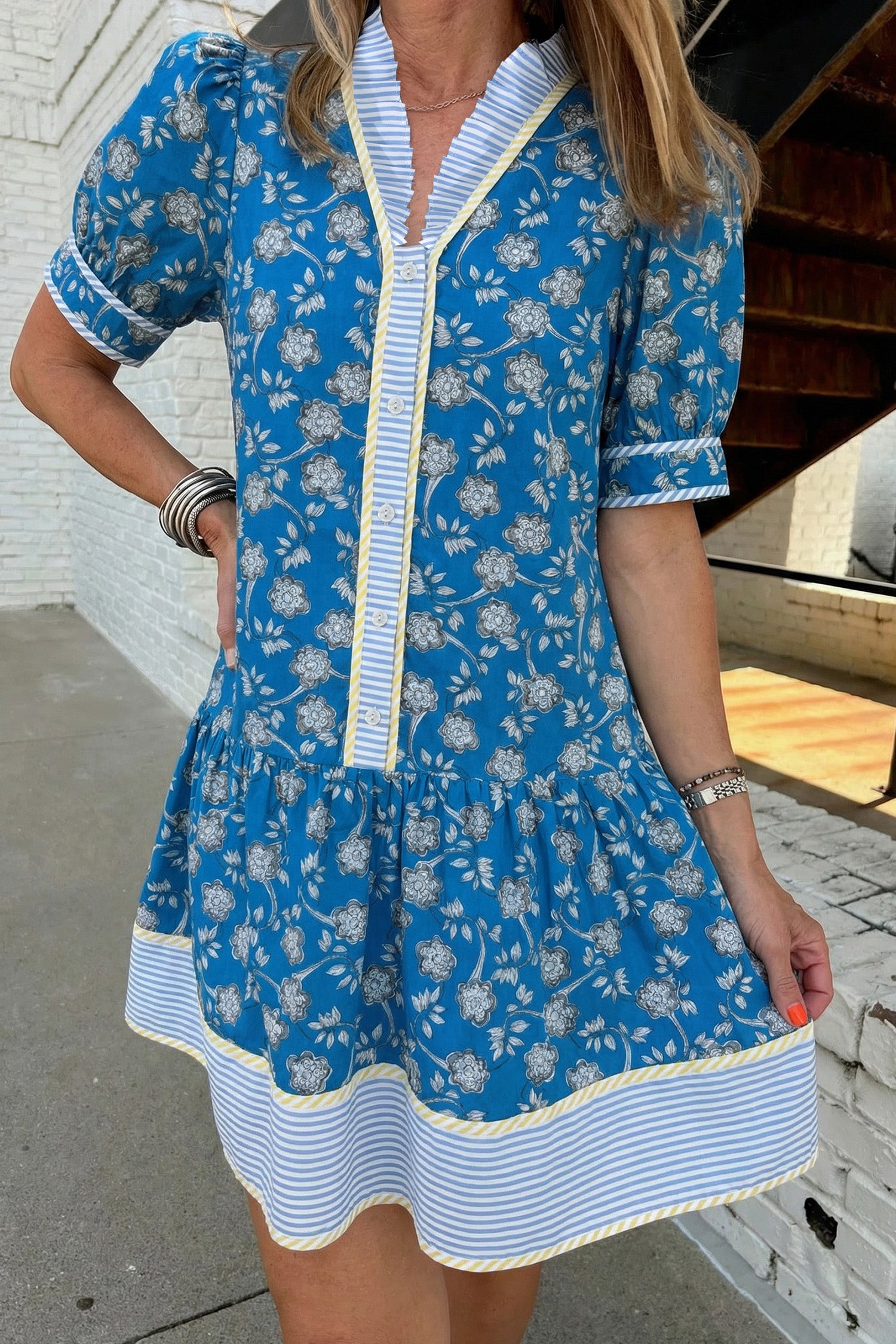 Blue Striped Trim Half Buttons Short Sleeve Floral Dress-TOPS / DRESSES-[Adult]-[Female]-2022 Online Blue Zone Planet