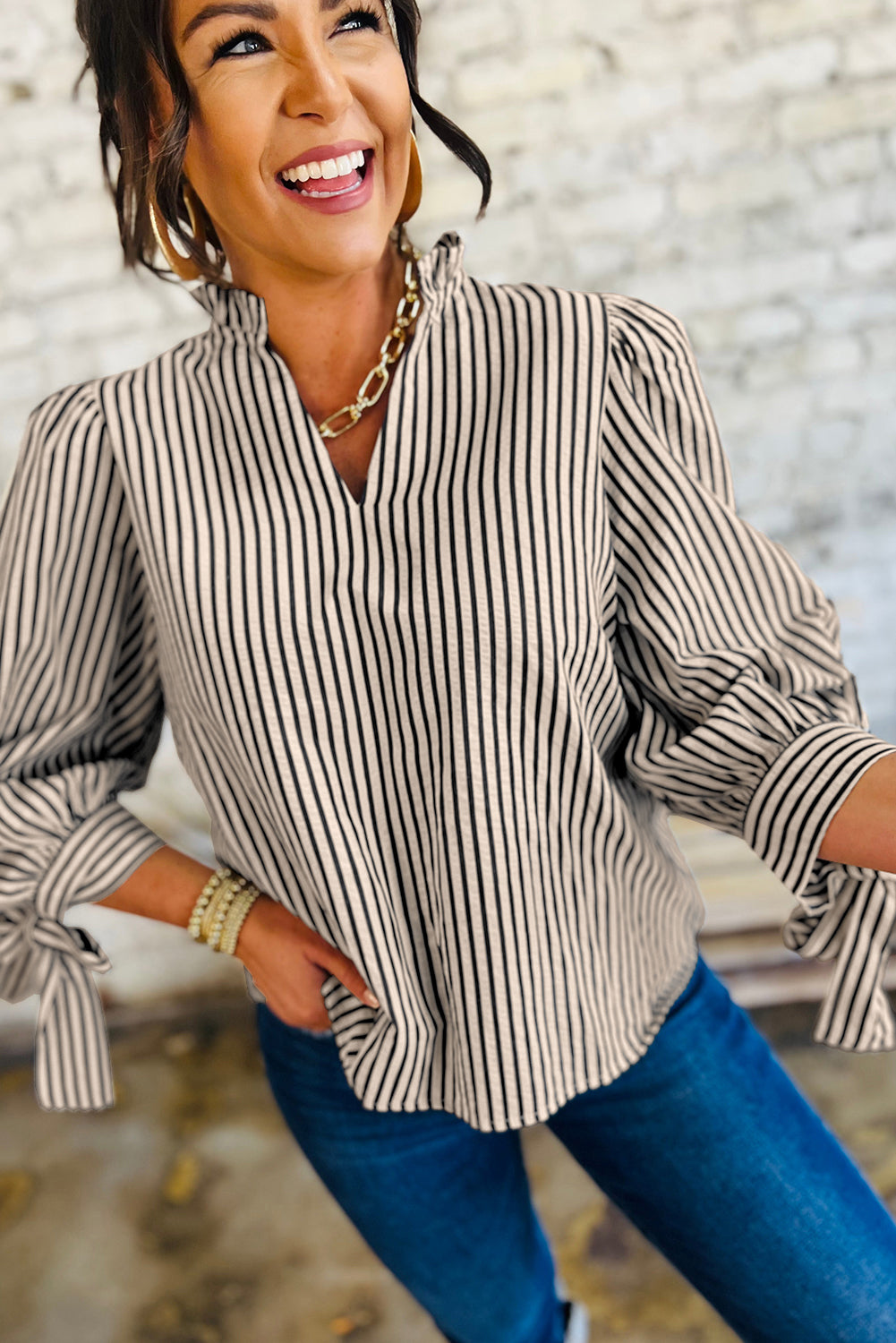 Black Stripe Knotted Cuff Long Sleeve V Neck Blouse-Tops/Blouses & Shirts-[Adult]-[Female]-2022 Online Blue Zone Planet