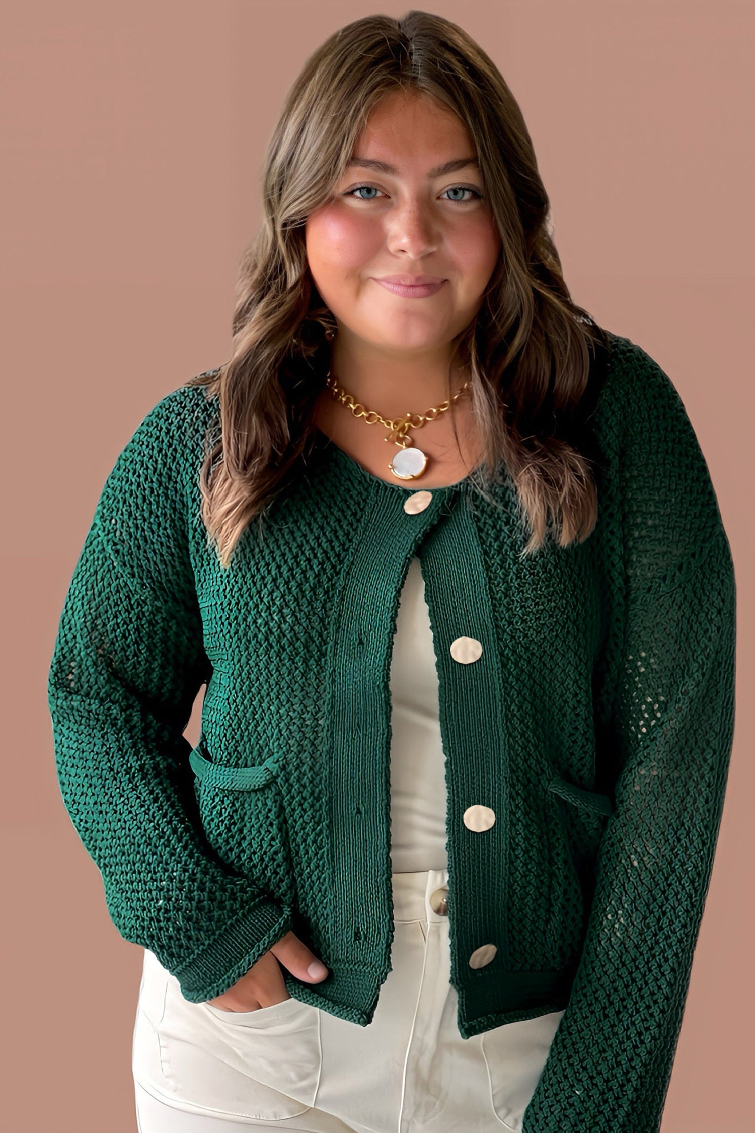 Blackish Green Plus Size Golden Accent Buttons Short Sweater Cardigan-Plus Size/Plus Size Sweaters & Cardigans-[Adult]-[Female]-2022 Online Blue Zone Planet