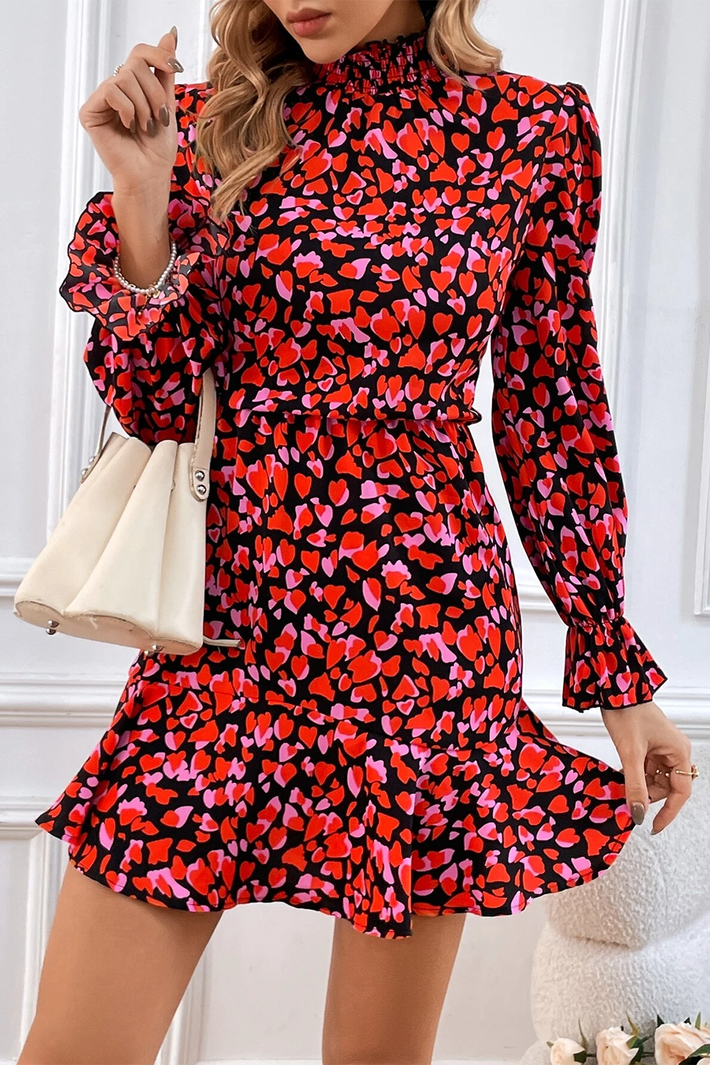 Blue Zone Planet | Red Valentines Day Heart Shape Print Long Sleeve Mini Dress-TOPS / DRESSES-[Adult]-[Female]-2022 Online Blue Zone Planet