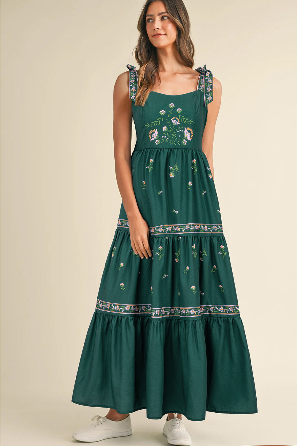 Blackish Green Floral Smocked Back Tied Straps Tiered Maxi Dress-TOPS / DRESSES-[Adult]-[Female]-2022 Online Blue Zone Planet