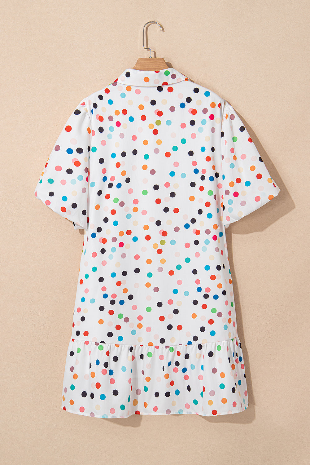 White Polka Dot Print Bubble Sleeve Button Up Plus Size Shirt Dress-Plus Size Dresses-[Adult]-[Female]-2022 Online Blue Zone Planet
