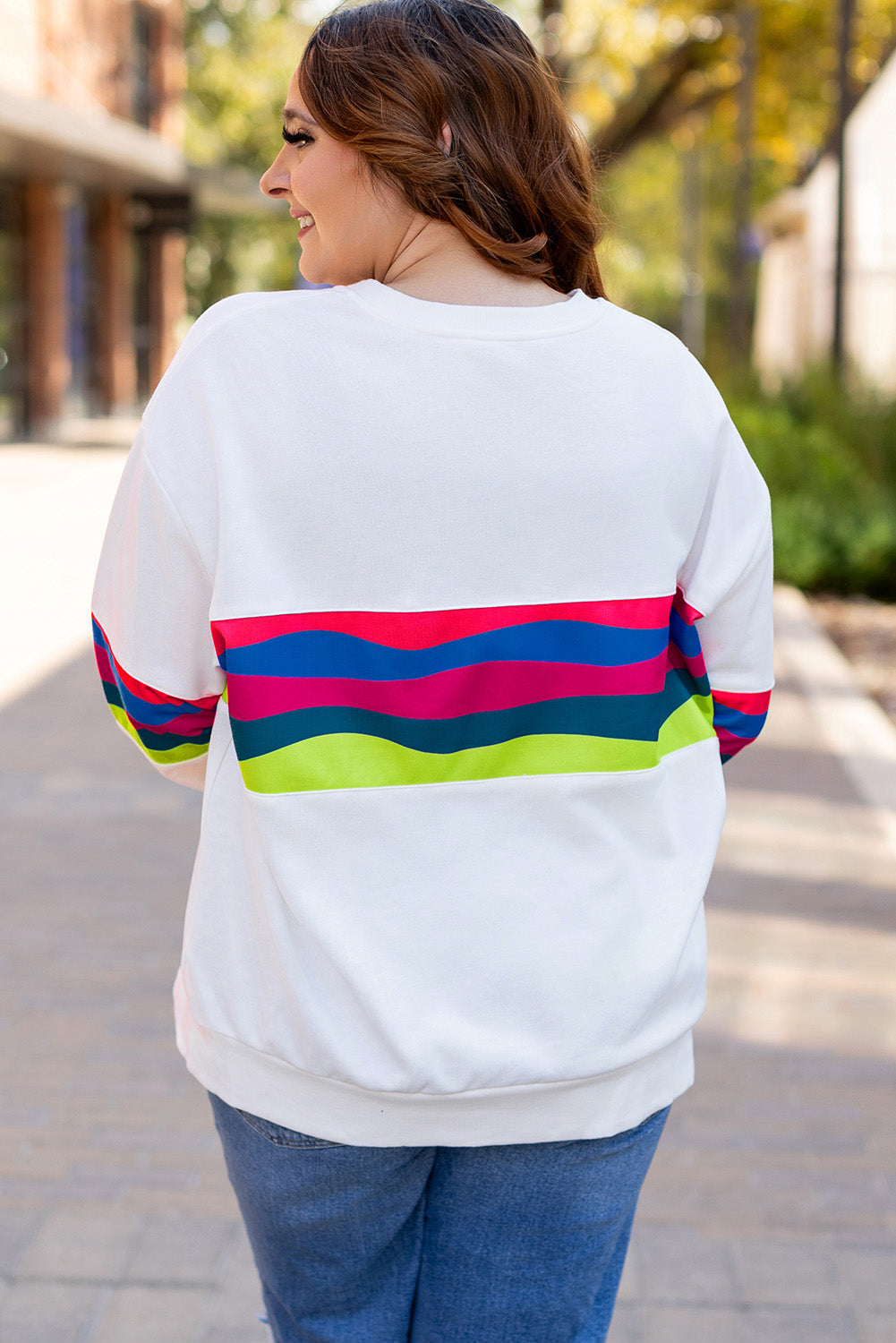 Blue Zone Planet | White Plus Size Colorful Striped Drop Shoulder Loose Sweatshirt-Plus Size/Plus Size Sweatshirts & Hoodies-[Adult]-[Female]-2022 Online Blue Zone Planet