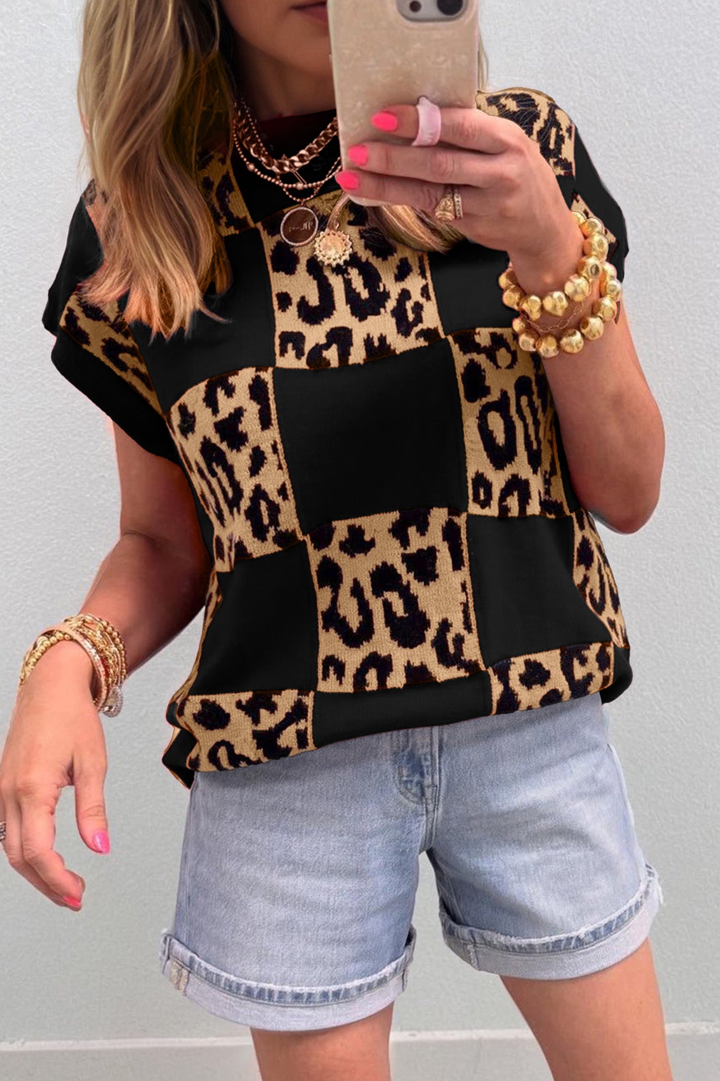 Rose Red Leopard Checkerboard Short Sleeve Knit Sweater-TOPS / DRESSES-[Adult]-[Female]-2022 Online Blue Zone Planet