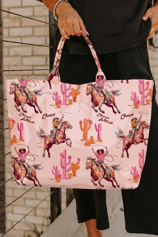 Light Pink Cowboy Western Pattern Vinyl Glossy Tote Bag-Shoes & Bags/Handbags-[Adult]-[Female]-Light Pink-ONE SIZE-2022 Online Blue Zone Planet