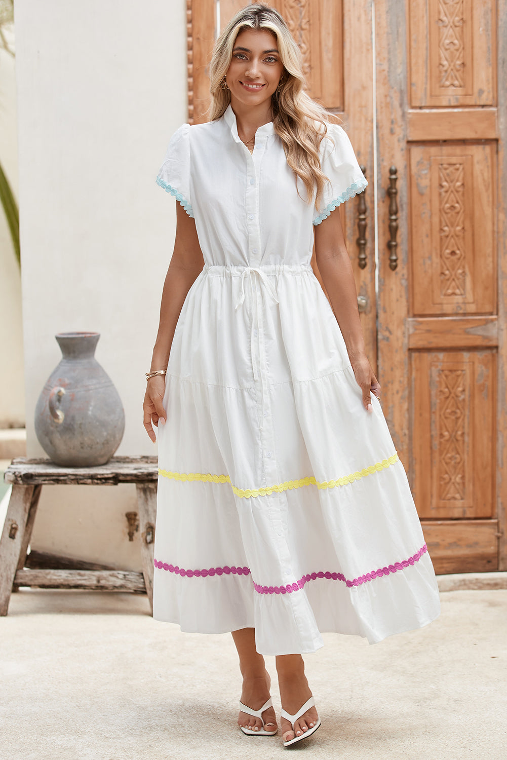 White High Waist Short Sleeve Tiered Shirt Dress-20% OFF-[Adult]-[Female]-2022 Online Blue Zone Planet
