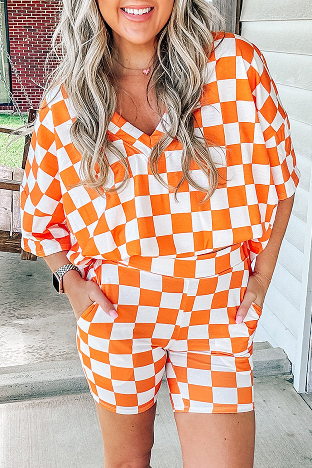 Black Checkerboard Print V Neck Loose Tee and Shorts Lounge Set-Loungewear & Sleepwear/Loungewear-[Adult]-[Female]-Orange-S-2022 Online Blue Zone Planet