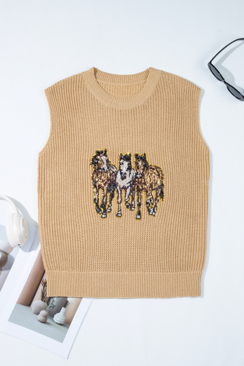Parchment Sequin Horse Graphic Lightweight Knitted Sweater Vest-TOPS / DRESSES-[Adult]-[Female]-2022 Online Blue Zone Planet