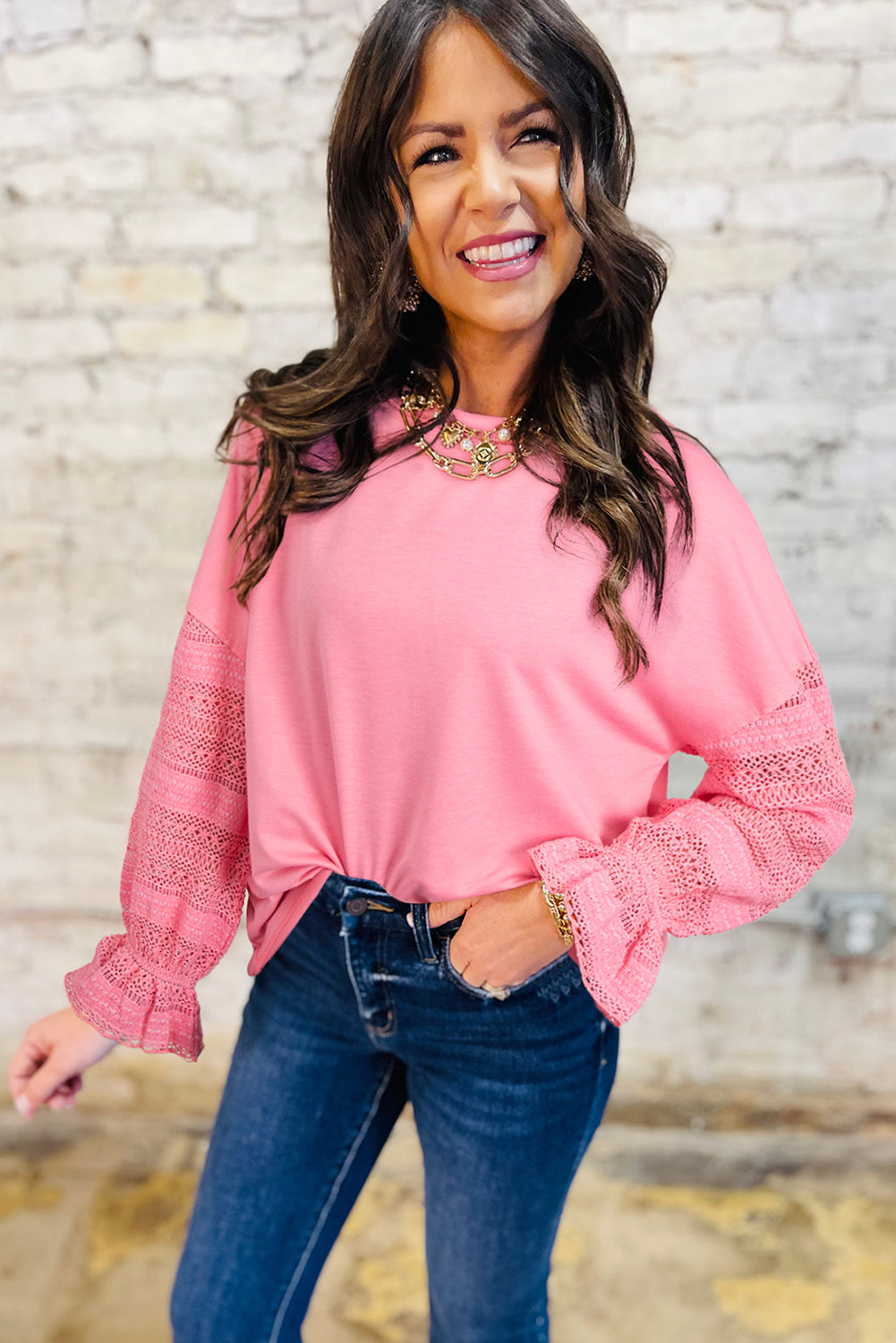 Sachet Pink Drop Shoulder Lace Ruffled Sleeve Patchwork Loose Sweatshirt-Tops/Sweatshirts & Hoodies-[Adult]-[Female]-2022 Online Blue Zone Planet