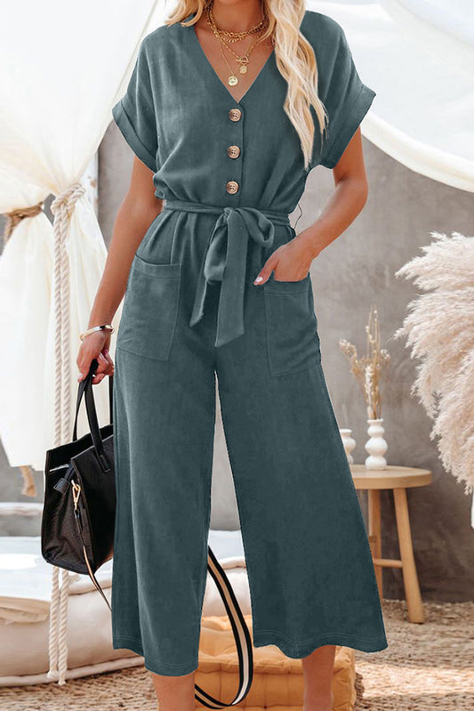 Blue Dolman Button Belted V Neck Wide Leg Pocketed Jumpsuit-Bottoms/Jumpsuits & Rompers-[Adult]-[Female]-Blue-S-2022 Online Blue Zone Planet
