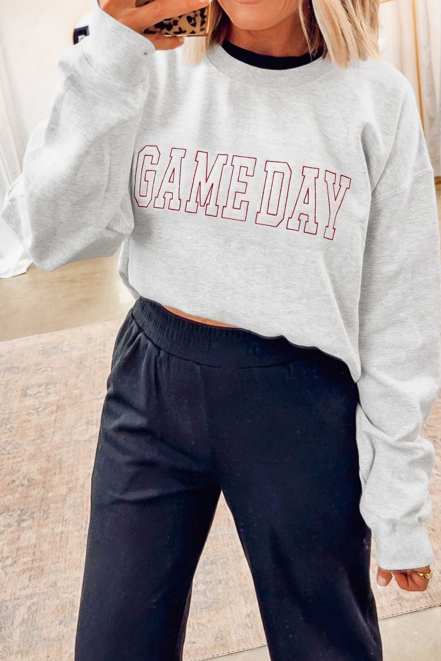 Light Grey Game Day Letter Embroidery Long Sleeve Round Neck Sweatshirt-Tops/Sweatshirts & Hoodies-[Adult]-[Female]-2022 Online Blue Zone Planet