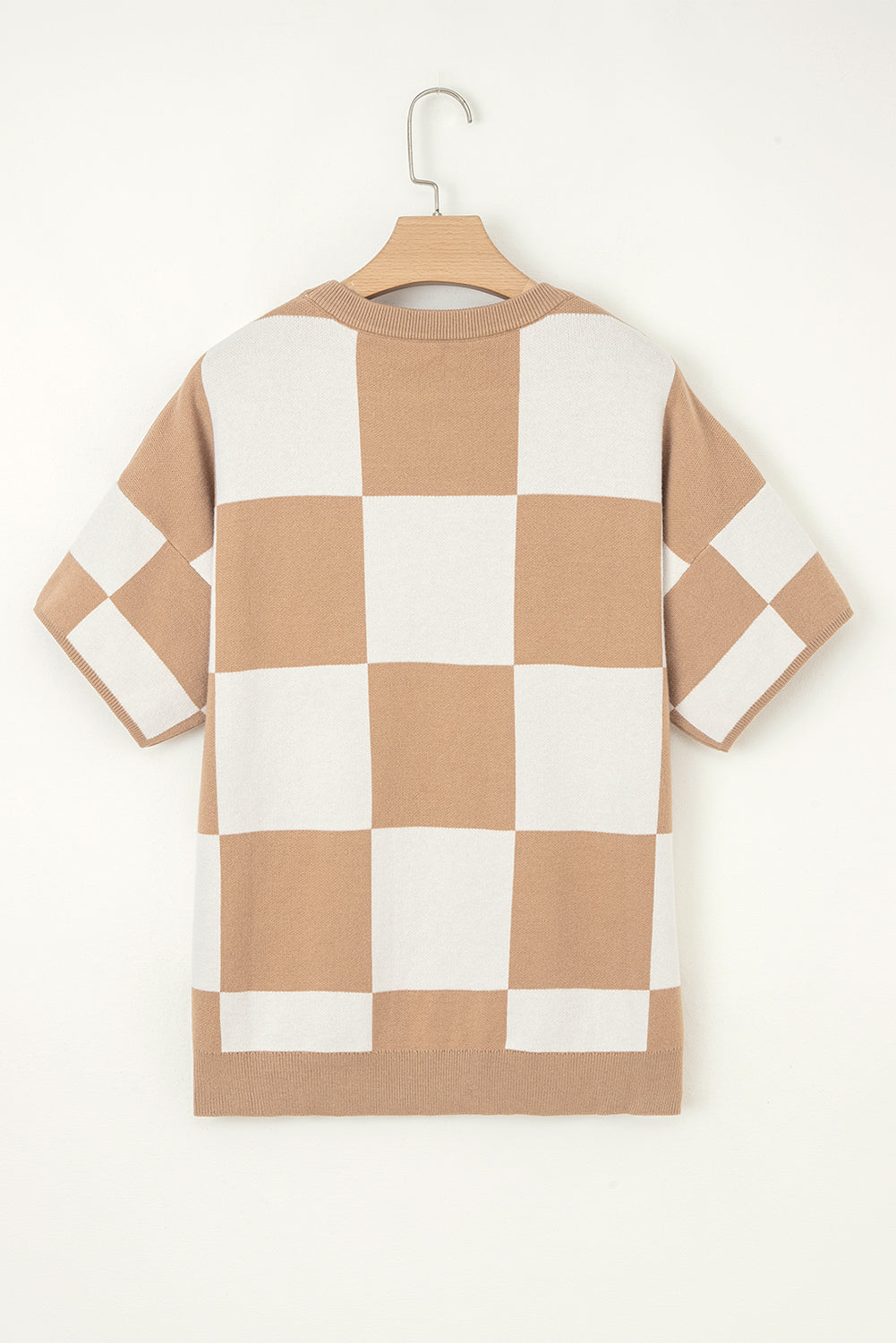Light French Beige Checkered Pattern Loose Drop Shoulder Half Sleeve Sweater-Sweaters & Cardigans/Short Sleeve Sweaters-[Adult]-[Female]-2022 Online Blue Zone Planet