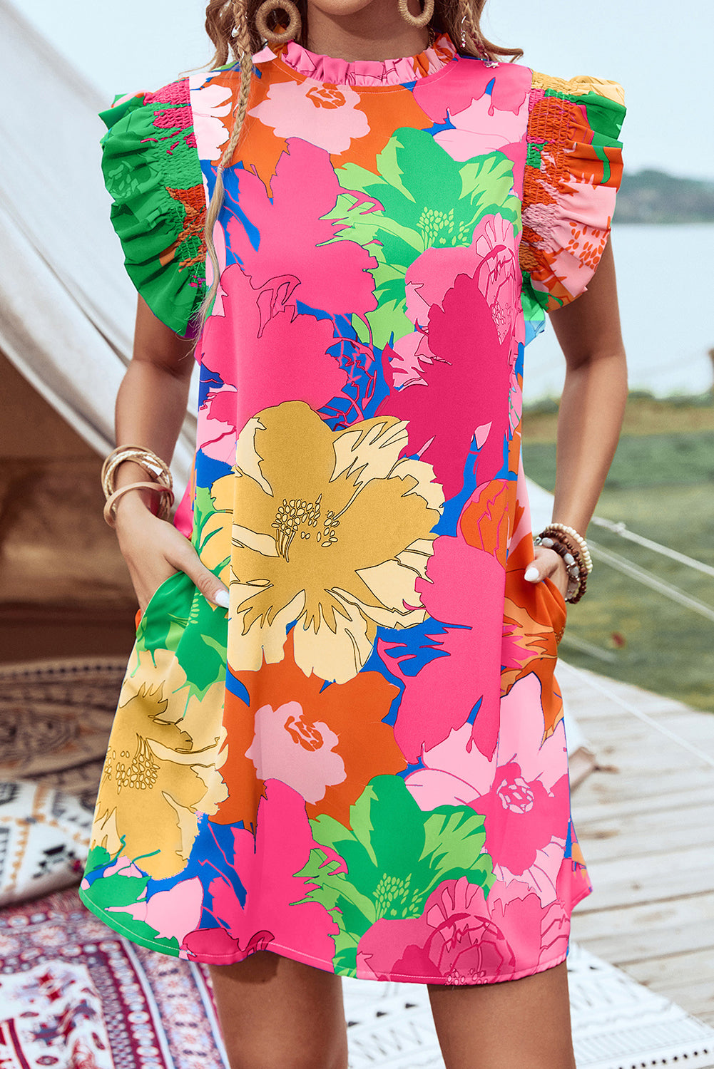 Blue Bold Floral Flutter Sleeve Shift Mini Dress with Pockets-Dresses/Floral Dresses-[Adult]-[Female]-Pink-XS-2022 Online Blue Zone Planet