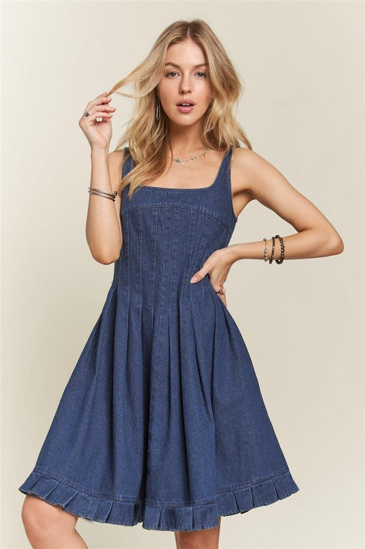 ADORA Smocked Back Square Neck Denim Dress-TOPS / DRESSES-[Adult]-[Female]-DENIM BLUE-S-2022 Online Blue Zone Planet