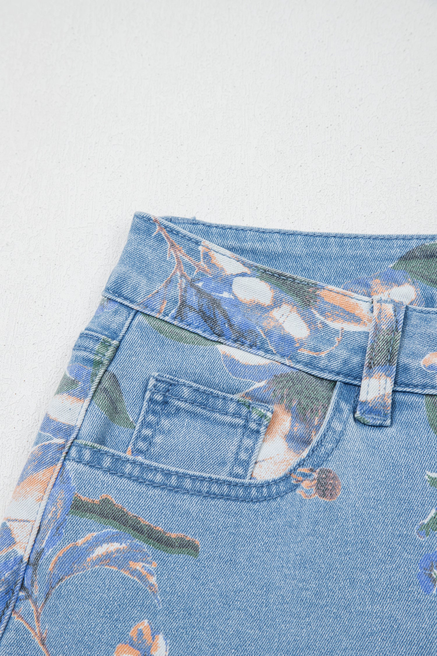 Sky Blue Retro Floral Print Frayed Hem Shift Jeans-Bottoms/Jeans-[Adult]-[Female]-2022 Online Blue Zone Planet